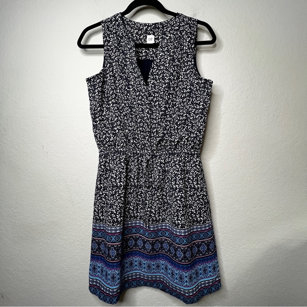 GAP Sleeveless Mix Print Pintuck Shirtdress XS Navy Tie Waist Lined